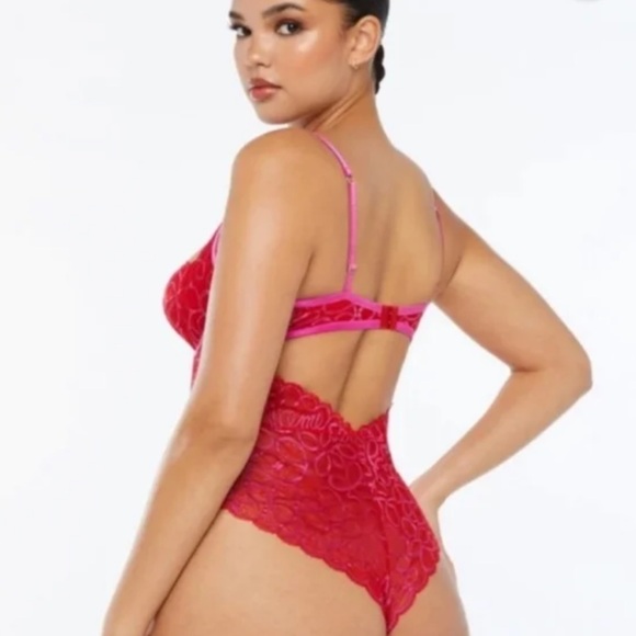 Savage X Fenty Ribbon Writing Lace Teddy Bodysuit Red and Pink Lace - Picture 4 of 13